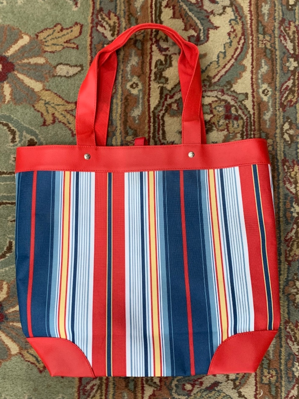 Lancome Large Striped Tote Bag Handbag Faux Leather Red Blue Women's Never Used